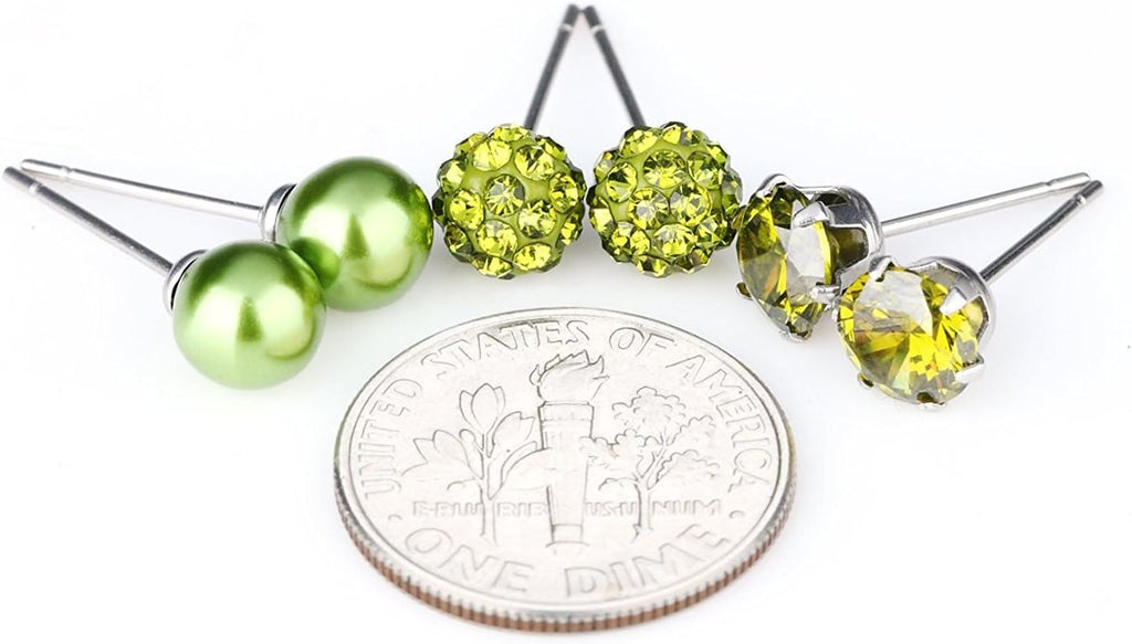 Birthstone Studs Earring Set Cubic Zirconia Rhinestones Crystal Ball Faux Pearl Stainless Steel Stud Earrings for