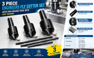 3 Piece Engineers Fly Cutter Set with HSS Round Tool Bits | Steel Material | Hard and Ground | for Lathe Milling