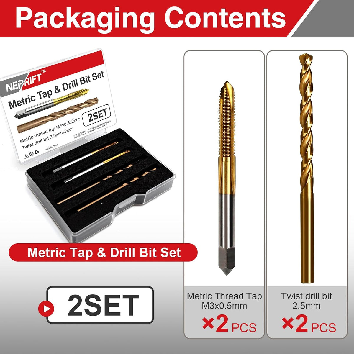 M3x0.5 Tap and 2.5mm Drill Bit Set, HSS M2 Taps and M35 Cobalt Drill Bits