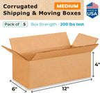 Medium Moving & Shipping Boxes 12 x 6 x 4 inches (5-Pack) - Extra Strength 200 lb vs Regular - Corrugated Boxes for
