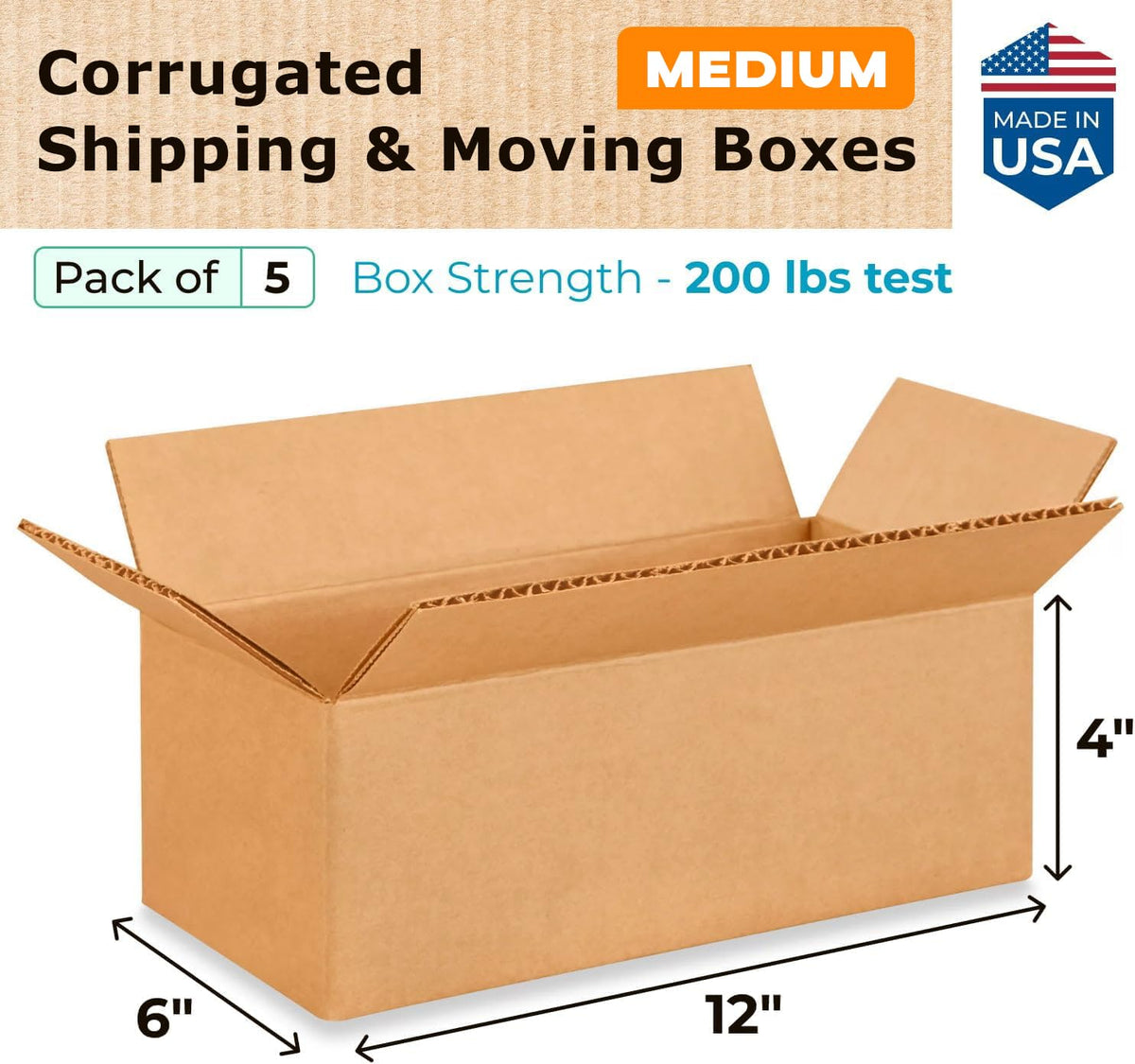 Medium Moving & Shipping Boxes 12 x 6 x 4 inches (5-Pack) - Extra Strength 200 lb vs Regular - Corrugated Boxes for