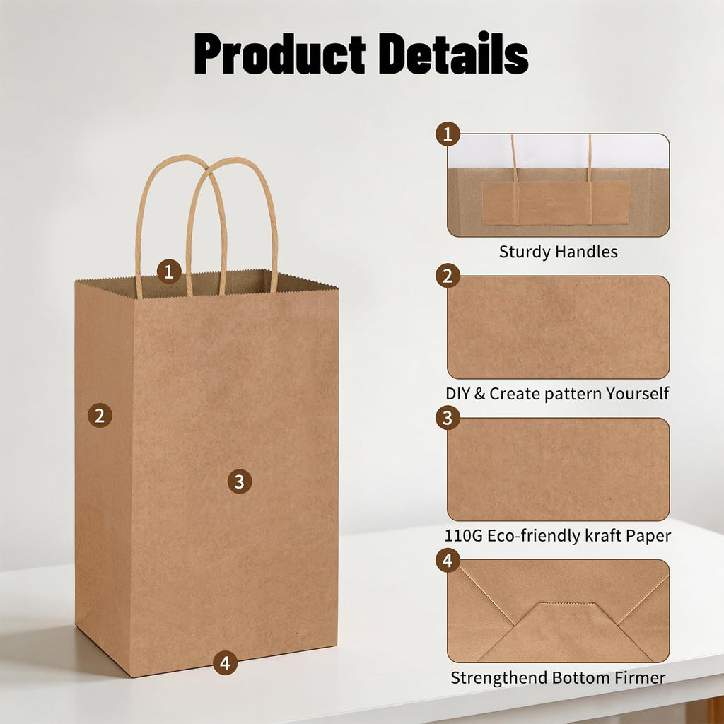 50 Pack 5.25x3.25x8.25 Inch Small Brown Gift Bags with Handles Bulk for Birthday Party Favors Grocery Retail Shopping