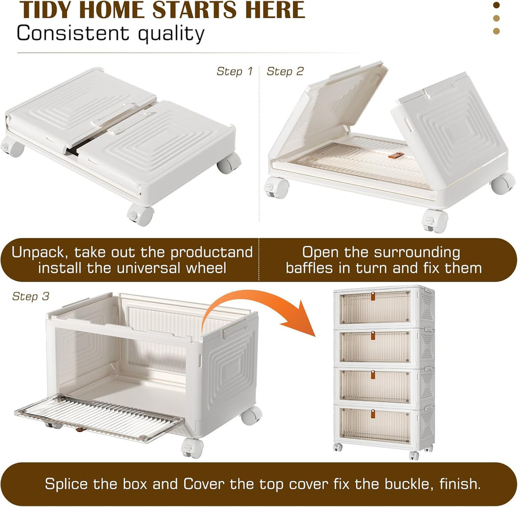 4 Tier Plastic Storage Bins with Lid 36QT, Stackable Storage Containers with Wheels, Folding Storage Boxes, Stackable