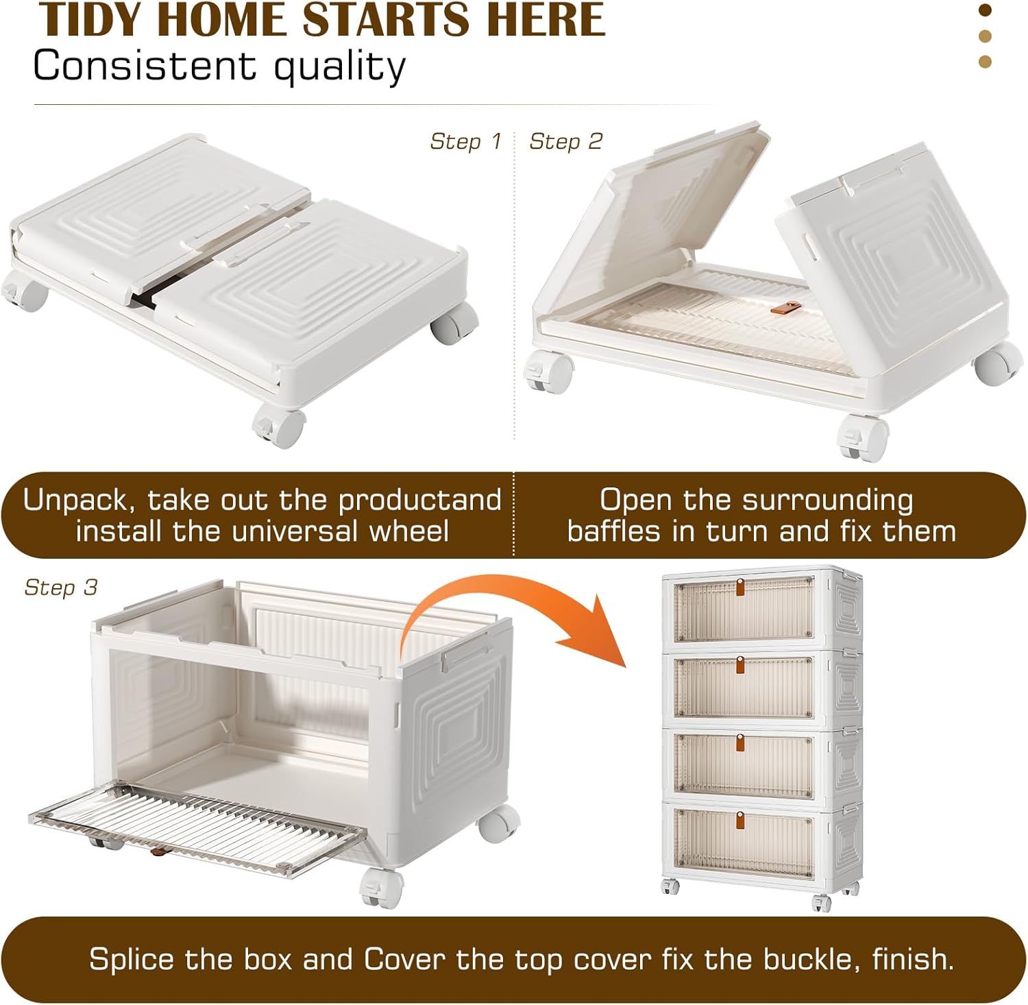 4 Tier Plastic Storage Bins with Lid 36QT, Stackable Storage Containers with Wheels, Folding Storage Boxes, Stackable