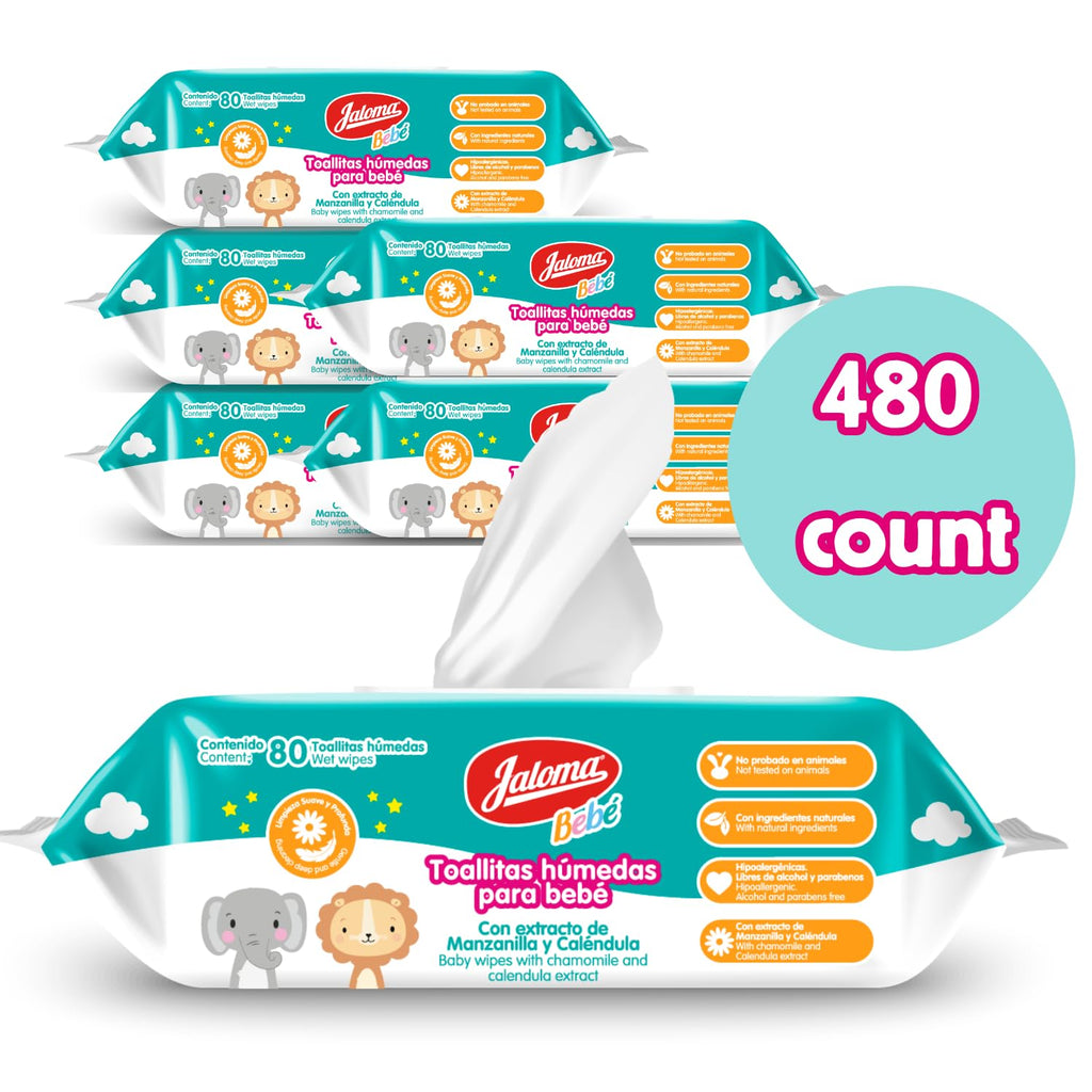 Baby Wipes, Pack of 6, 80 Wipes Each (480 Count) | Chamomile and Calendula Extract, Hypoallergenic, Paraben Free