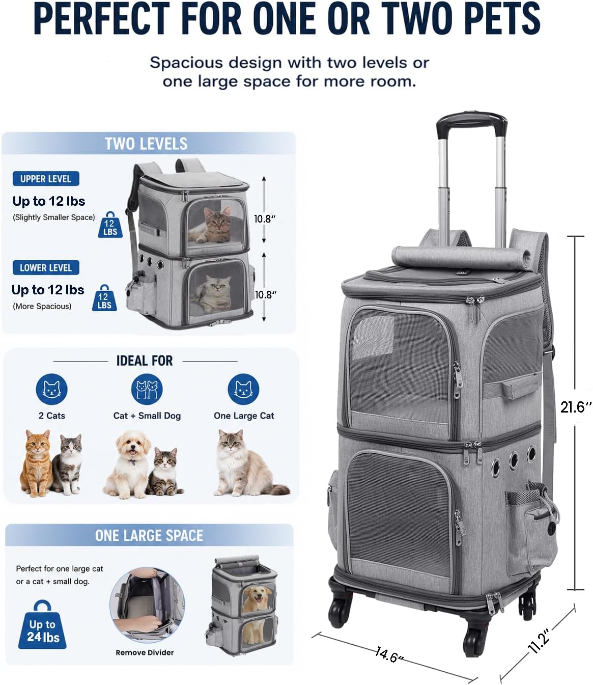 Double-Compartment Cat Carrier Backpack with Wheels for Two Pets