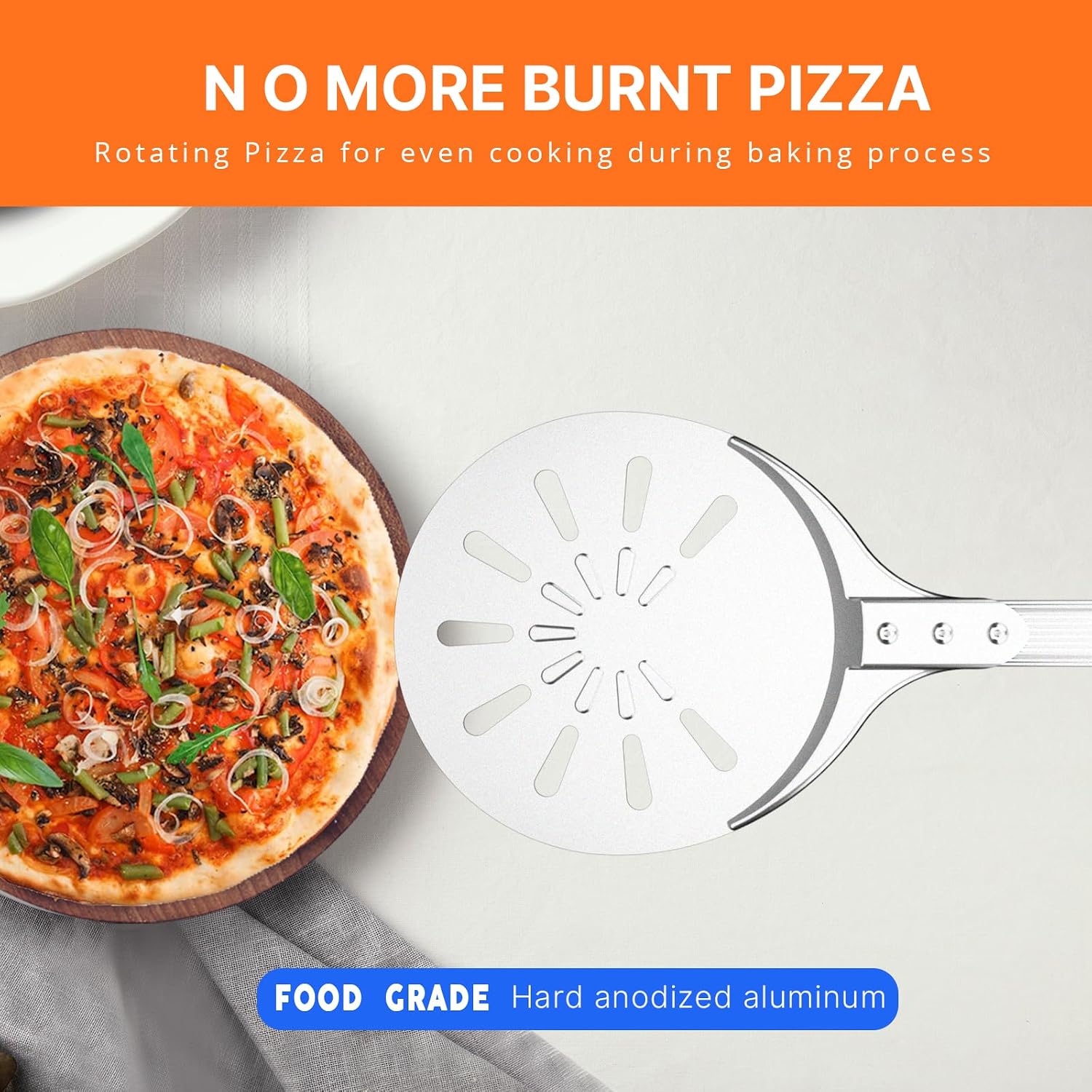 Pizza Turning Peel, 8-inch Pizza Peel Turner Spinner with Non-Slip Long Handle & Silicone Hanging Hook, Essential
