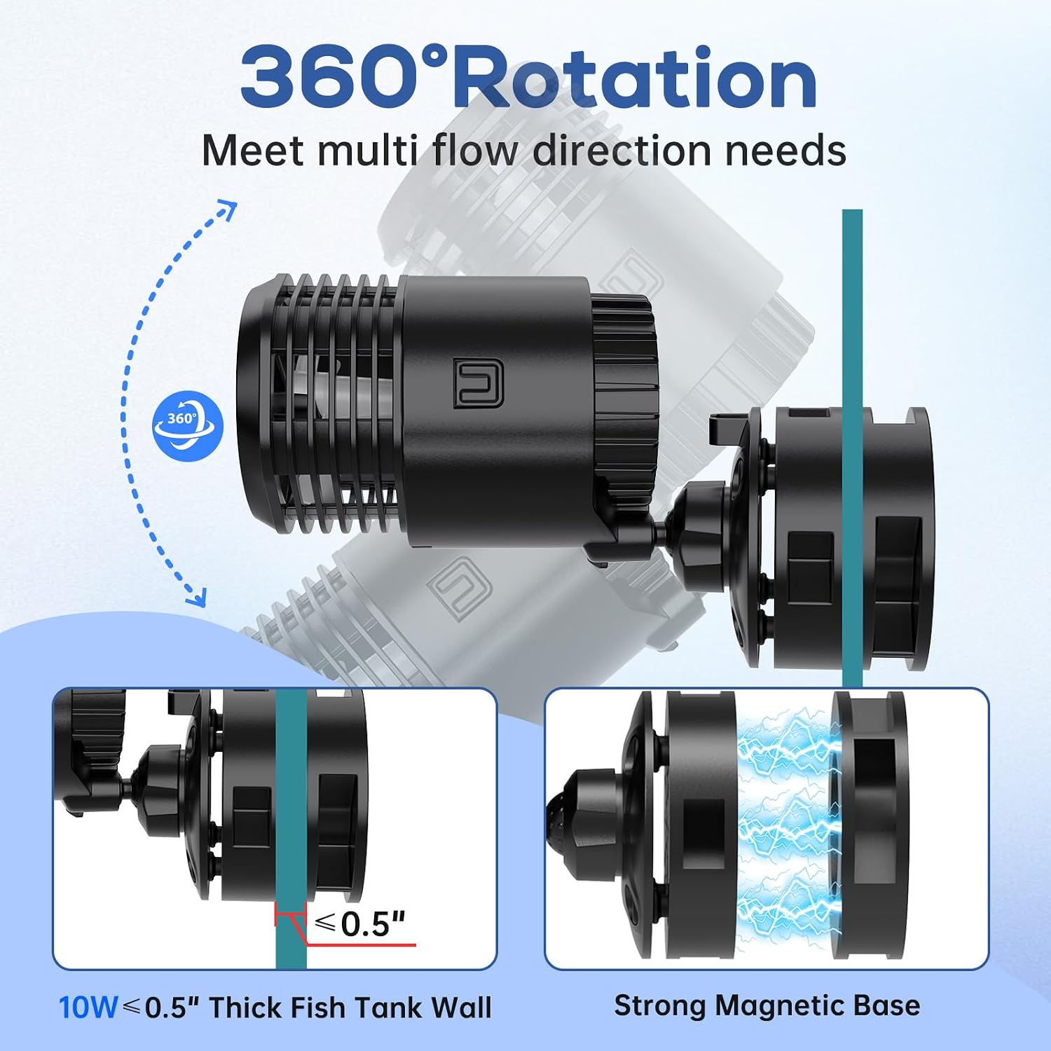 Aquarium Wave Maker 10W 1500GPH Submersible Water Circulation Pump with Magnetic Base, Quiet Rotating Powerhead for
