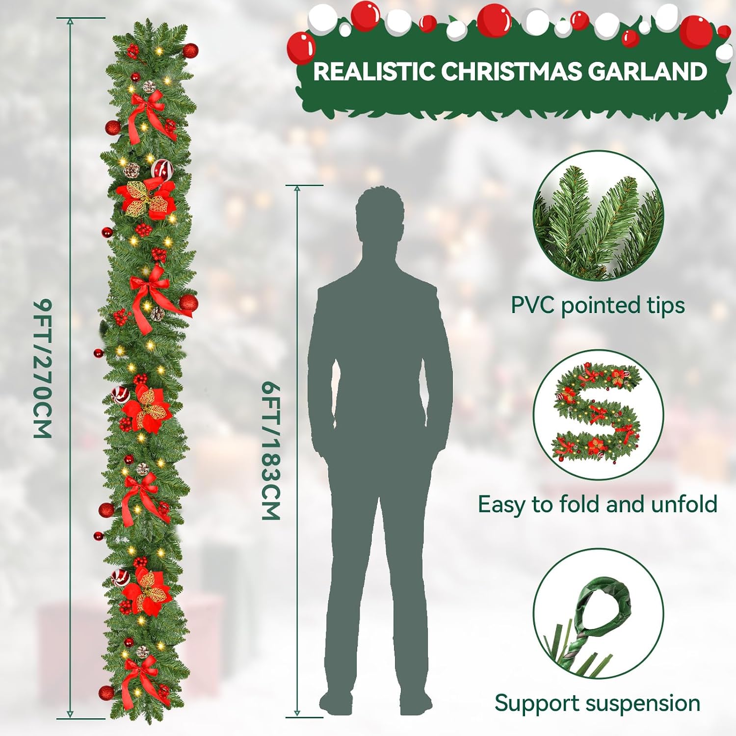 Christmas Garland with Lights, 9FT 30 LED Prelit Christmas Garland with Pinecones, Flowers, Bows, Outdoor Indoor