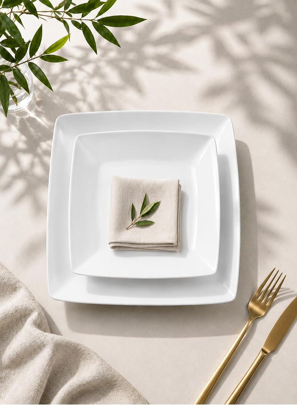 Porcelain Square Dinner Plates, 10.75 & 8.4 Inch White Plate Set of 8