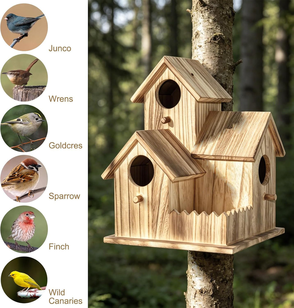 Large Wooden Bird House for Outside, 3-Hole Birdhouse, Outdoor Bird Nesting Box for Bluebird Chickadee Finch Wren