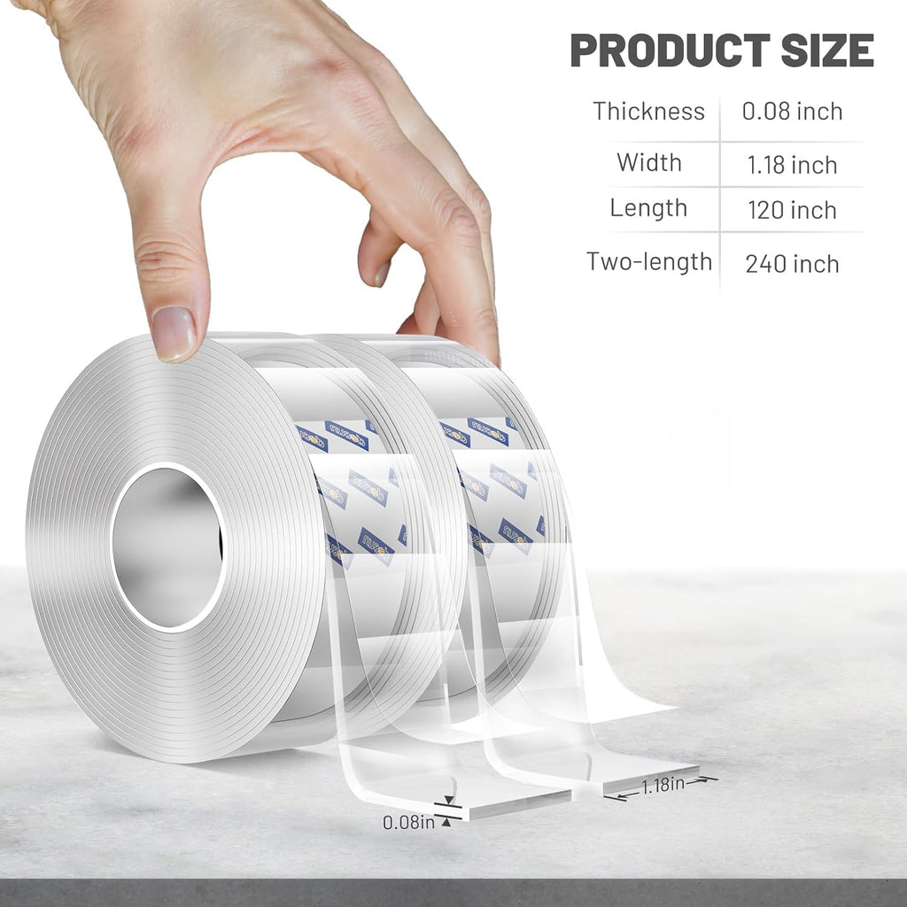 Double-Sided Tape, 0.08Inch Thick Heavy Duty Enhanced Transparent Adhesion Tape. 2 Rolls Reusable Mounting Tape, Nano