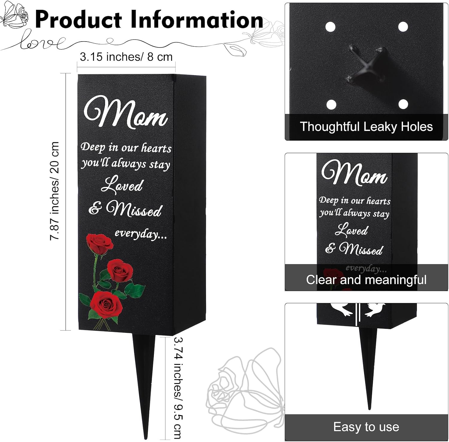 Mom Grave Decorations for Cemetery Metal Grave Vases Mother Memorial Cemetery Flower Holder with Spike Mom Floral