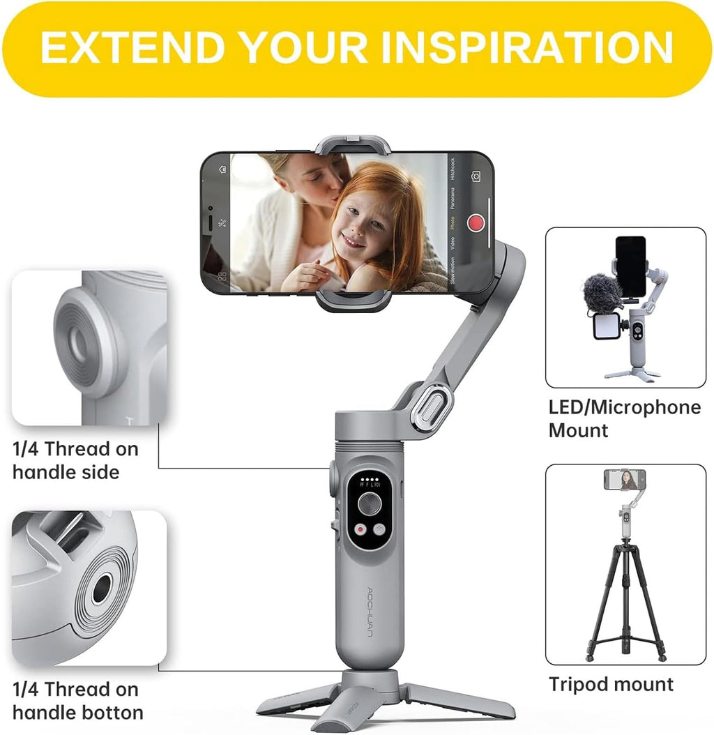 Gimbal Stabilizer for Smartphone w/LED Light Face Tracking Inception Timelapse Handheld Foldable 3-Axis Gimble for