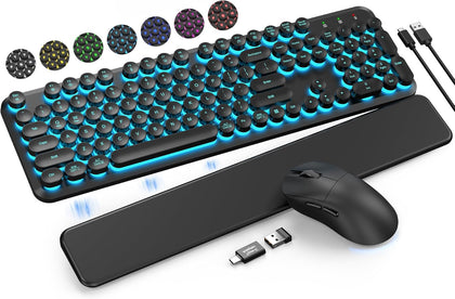 Wireless Keyboard and Mouse Backlit - Typewriter Keyboard with Magnetic Wrist Rest, Retro Round Keys, Light Up