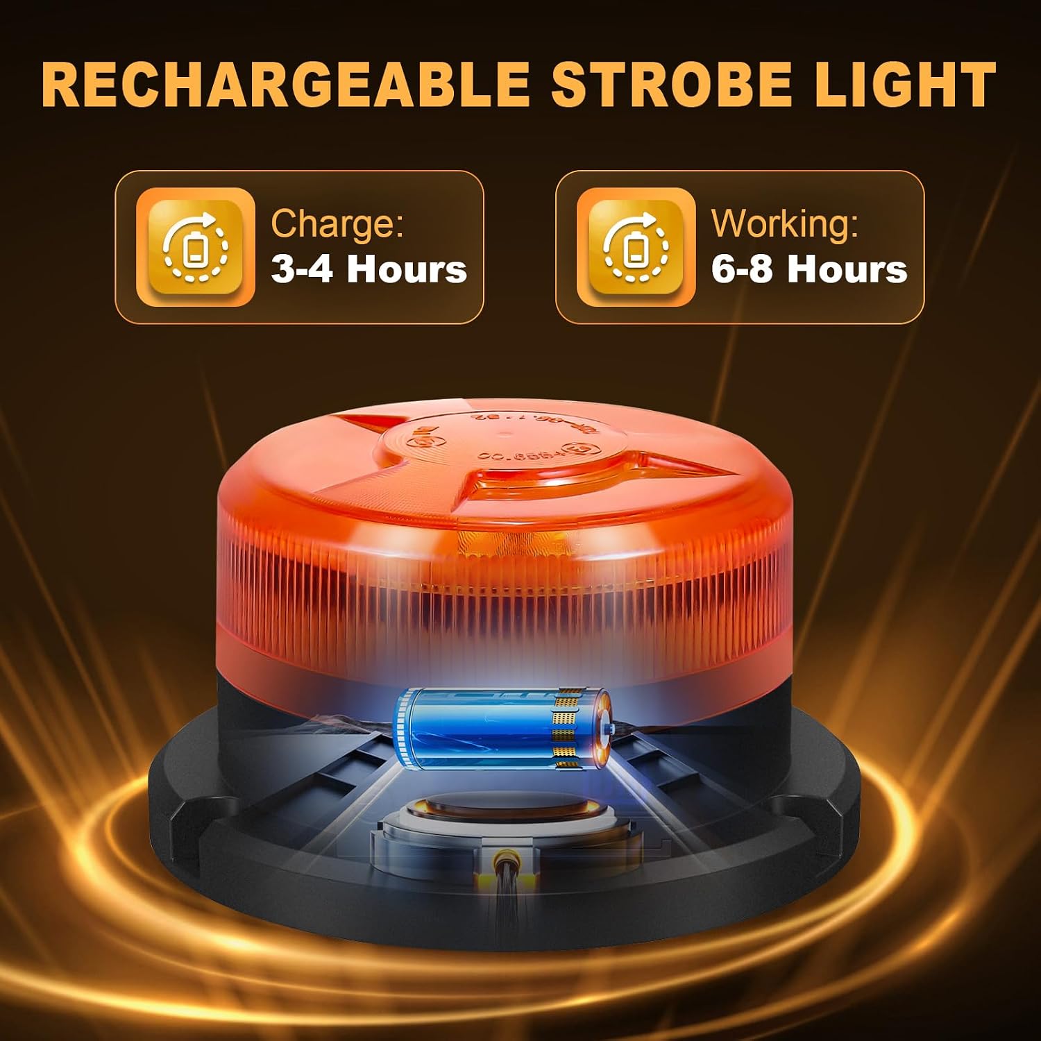 Amber Magnetic Strobe Beacon Light for Trucks & Golf Carts, Rechargeable | Emergency Amber Beacon, Cordless, IP68
