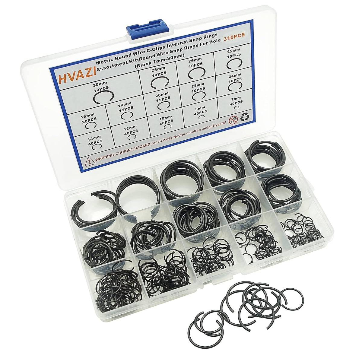 310PCS 14-Sizes 7–30mm Round Wire C-Clips Internal Snap Rings Kit