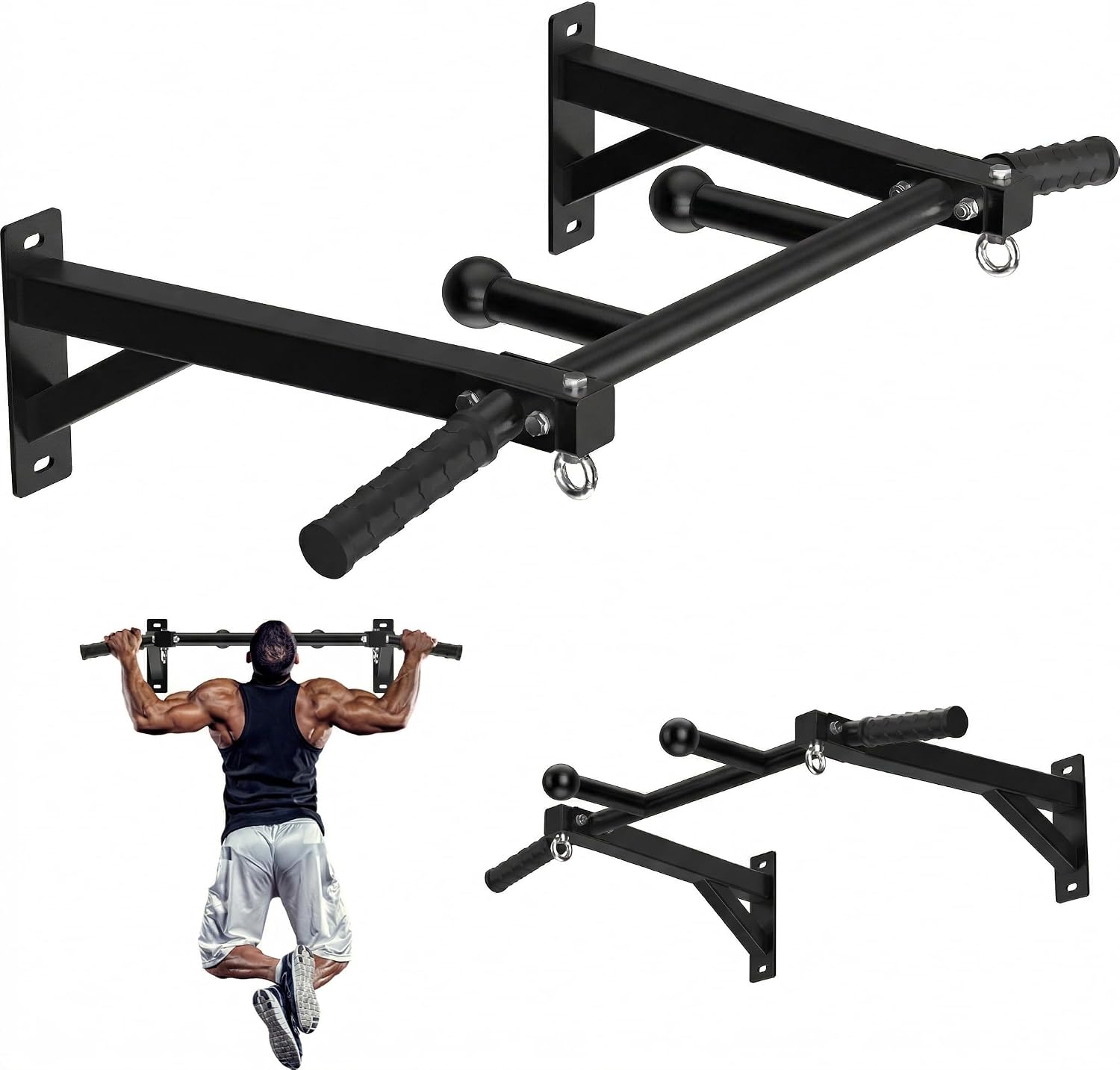 Upgrade Wall Mount Pull Up Bar, Heavy Duty Steel PullUp Bar Fits 24'' Wood Studs, Multi Grip Pull Up Bar with Ball