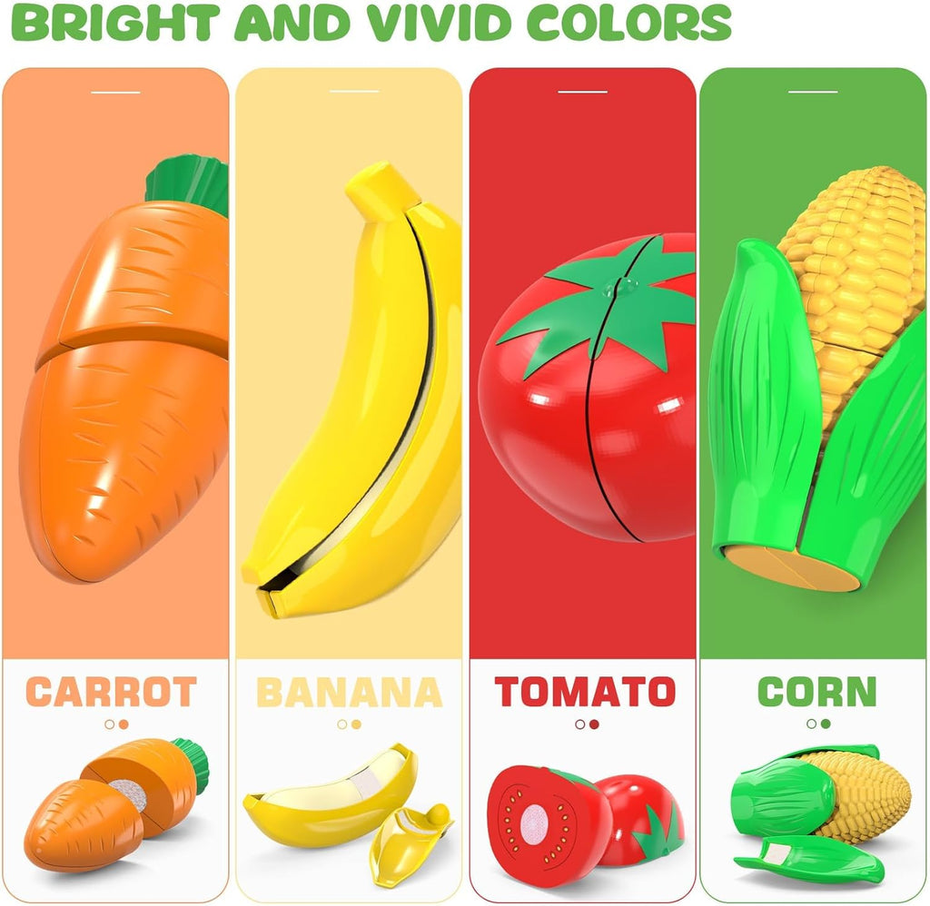 Cutting Play Food Toys For Kids, Pretend Play Kitchen Accessories, Fake Fruits/Vegetables Set With Shopping Storage