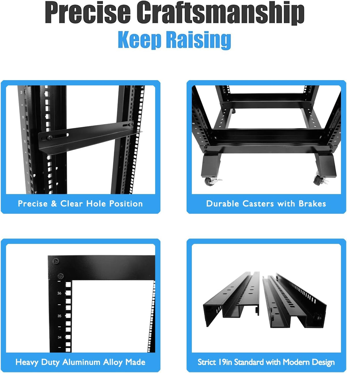 24U 4 Post Open Frame Network Server Rack 19inch Width 600mm deep with 3 Pairs of L Rail