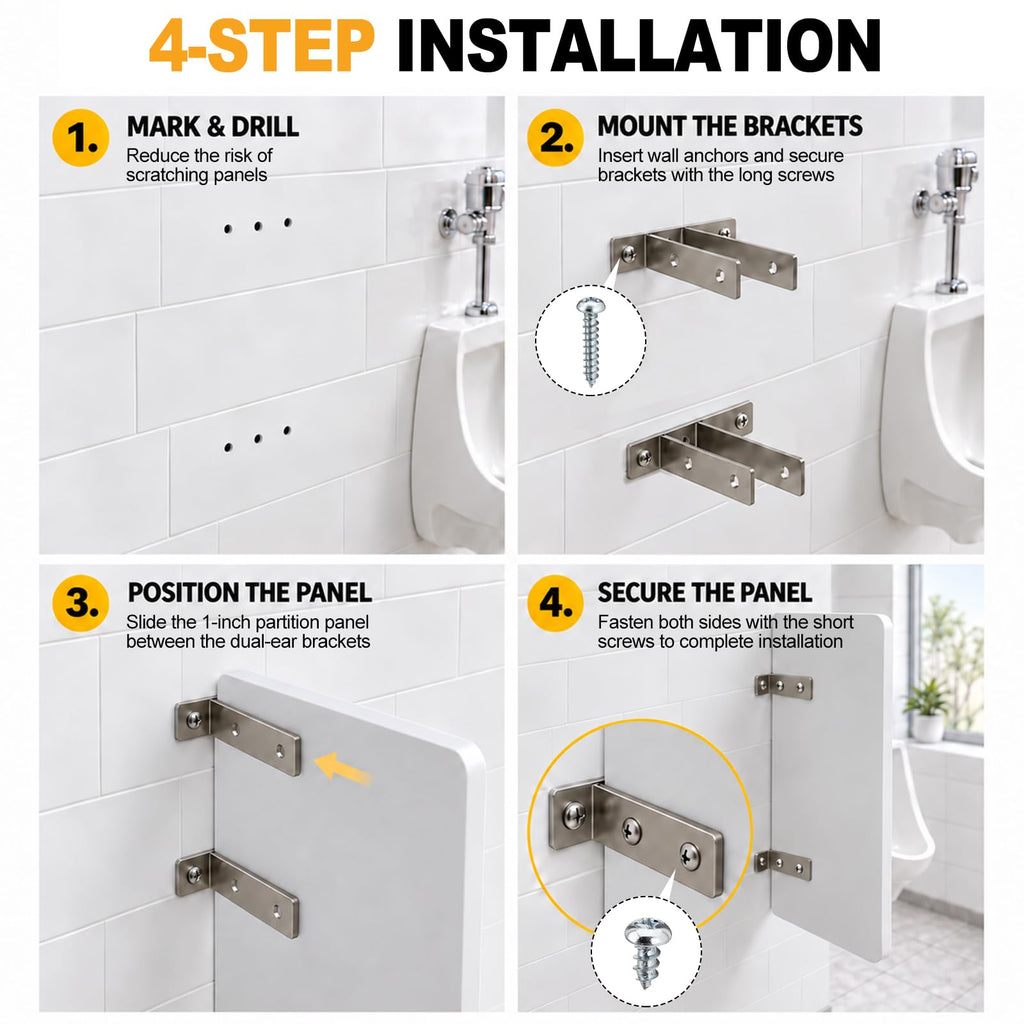 4 Pack Urinal Screen Brackets for 1 Inch Partition Panels