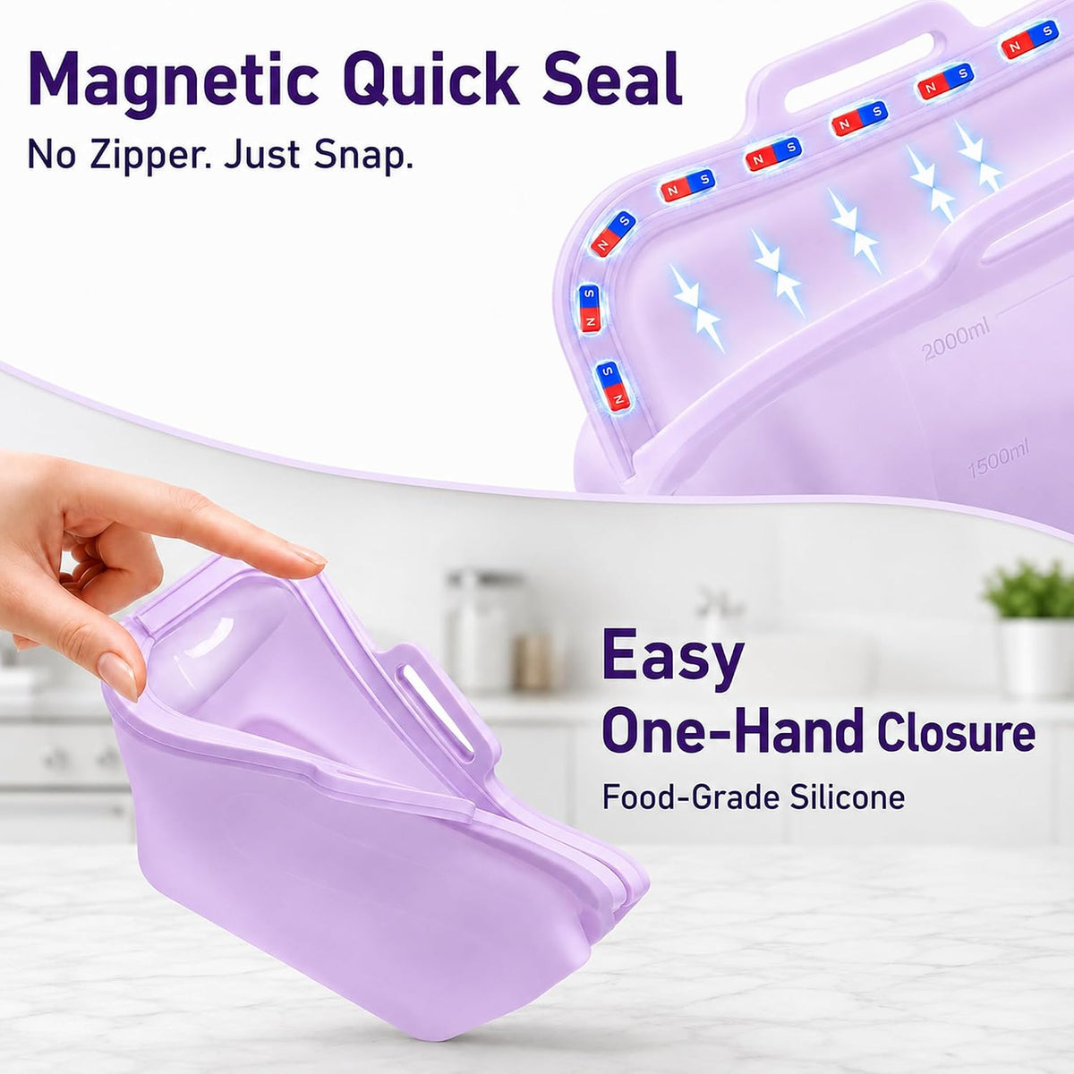 Magnetic Fast Seal Reusable Silicone Food Storage Bag, 68 oz