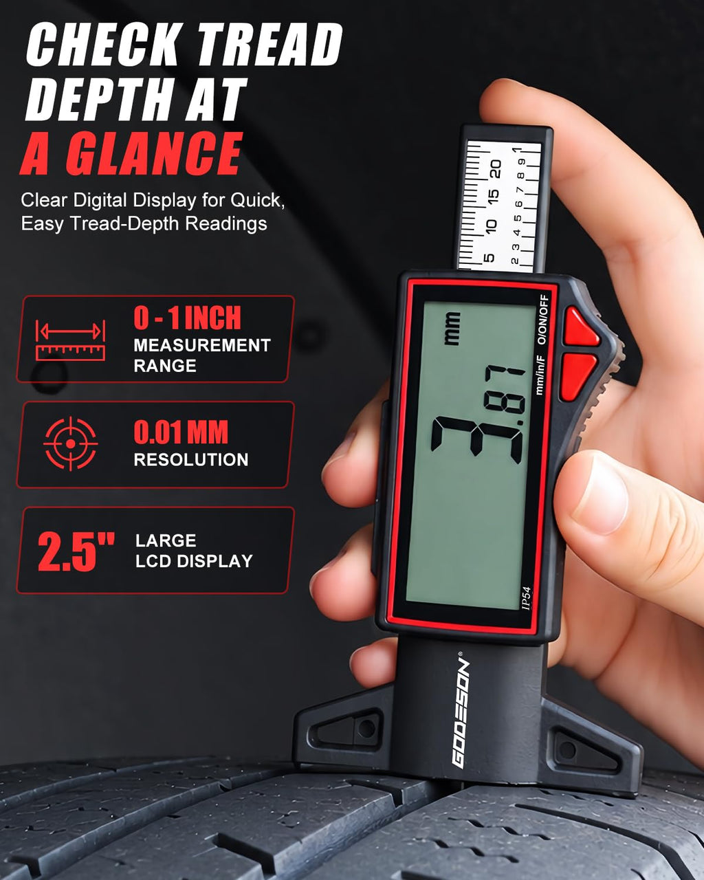 GODESON Digital Tire Tread Depth Gauge, 2.5" Large LCD Display, 0–1" Range
