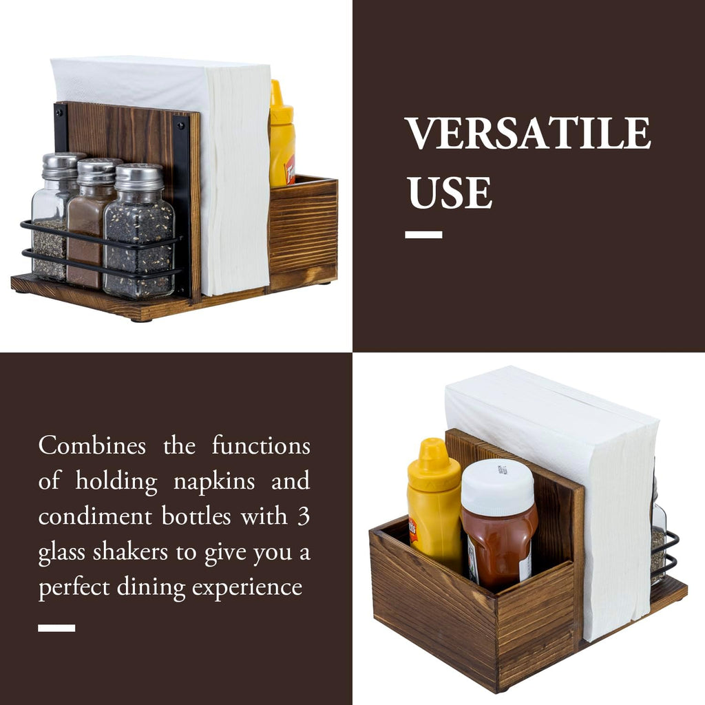 Napkin Holder for Table Rustic Burnt Solid Wood Tabletop Napkin Holder and Condiment Server Dining Caddy with 3 Salt