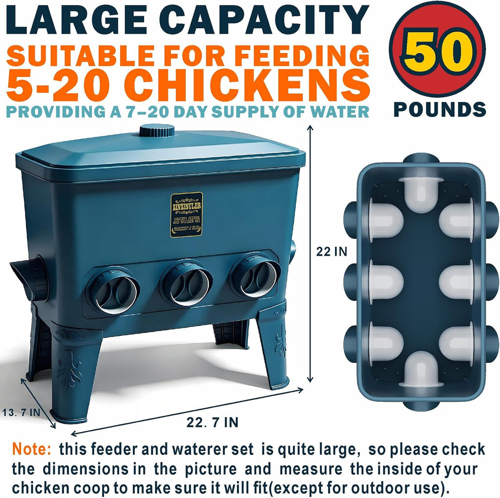 Large Automatic Port Chicken Feeder-Chicken Coop Accessories, No Waste Poultry Feeder, 50 Pounds
