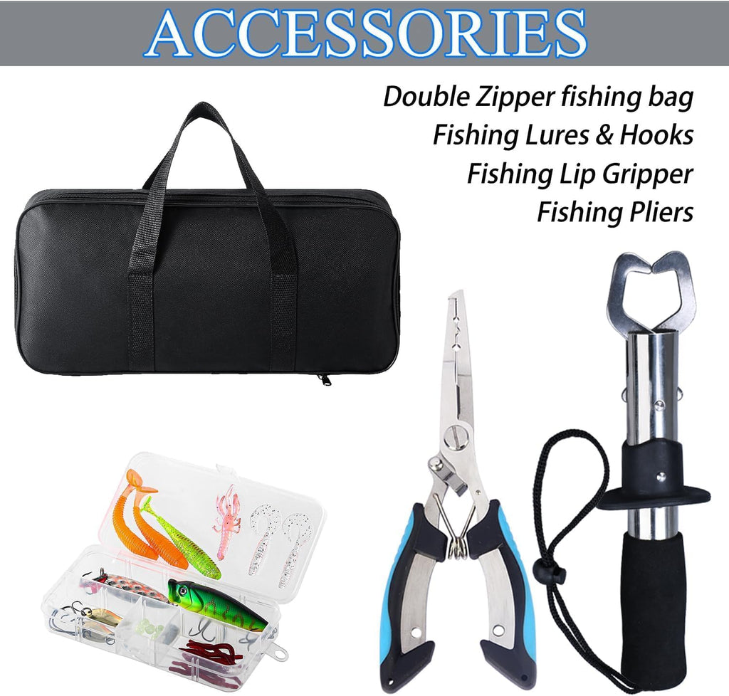 Fishing Rod and Reel Combo with Fishing Net, 6.9ft Telescopic Fishing Pole Kit with Fishing Pliers, Lip Gripper