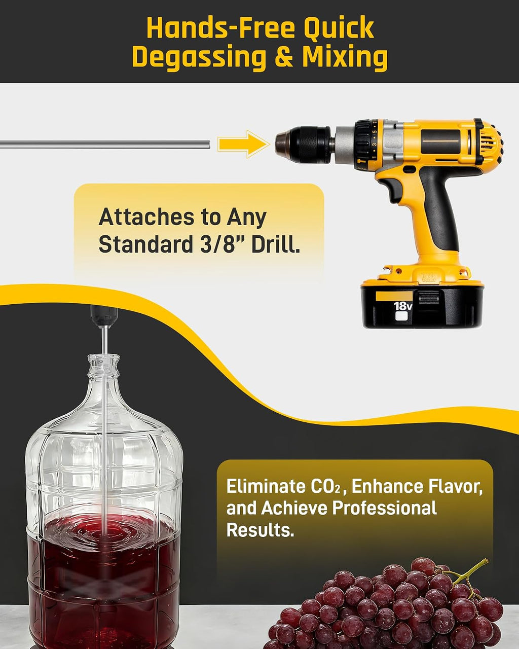 17.5" Wine Degasser Drill Attachment (Ver.3)Stainless Steel Stirrer | Foldable 17.5-inch Wine Making Mixer Rod, Wine