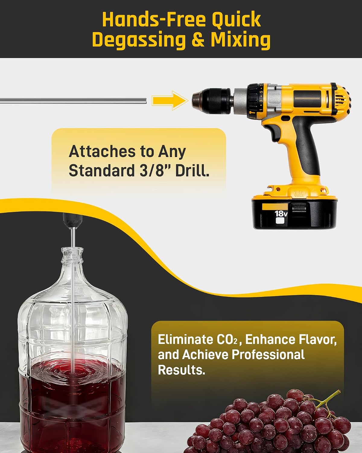 17.5" Wine Degasser Drill Attachment (Ver.3)Stainless Steel Stirrer | Foldable 17.5-inch Wine Making Mixer Rod, Wine