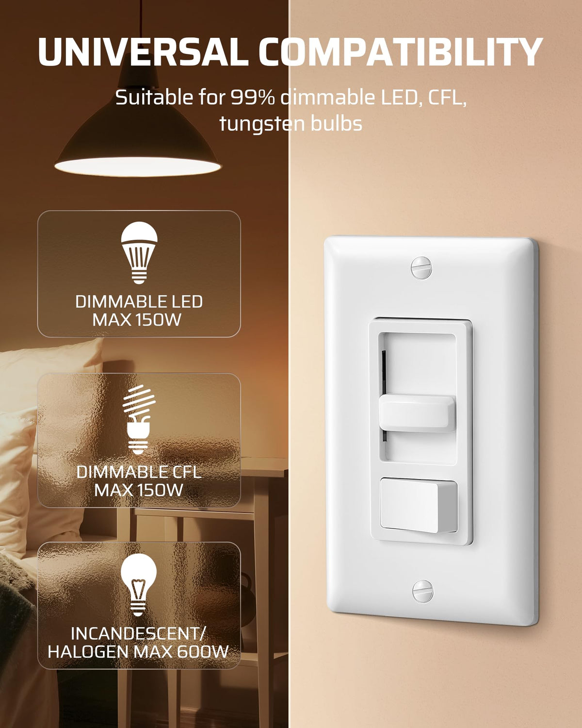 DEWENWILS 2 Pack Dimmer Switch, Single-Pole or 3-Way Dimmer Light Switch