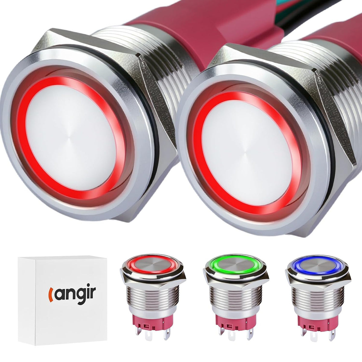 15Amp momentary Push Button Switch，22mm(0.866") 12V-24V Push Button Switch AC/DC IP67 Waterproof LED Angel Eye Light On and Off with Wire Socket