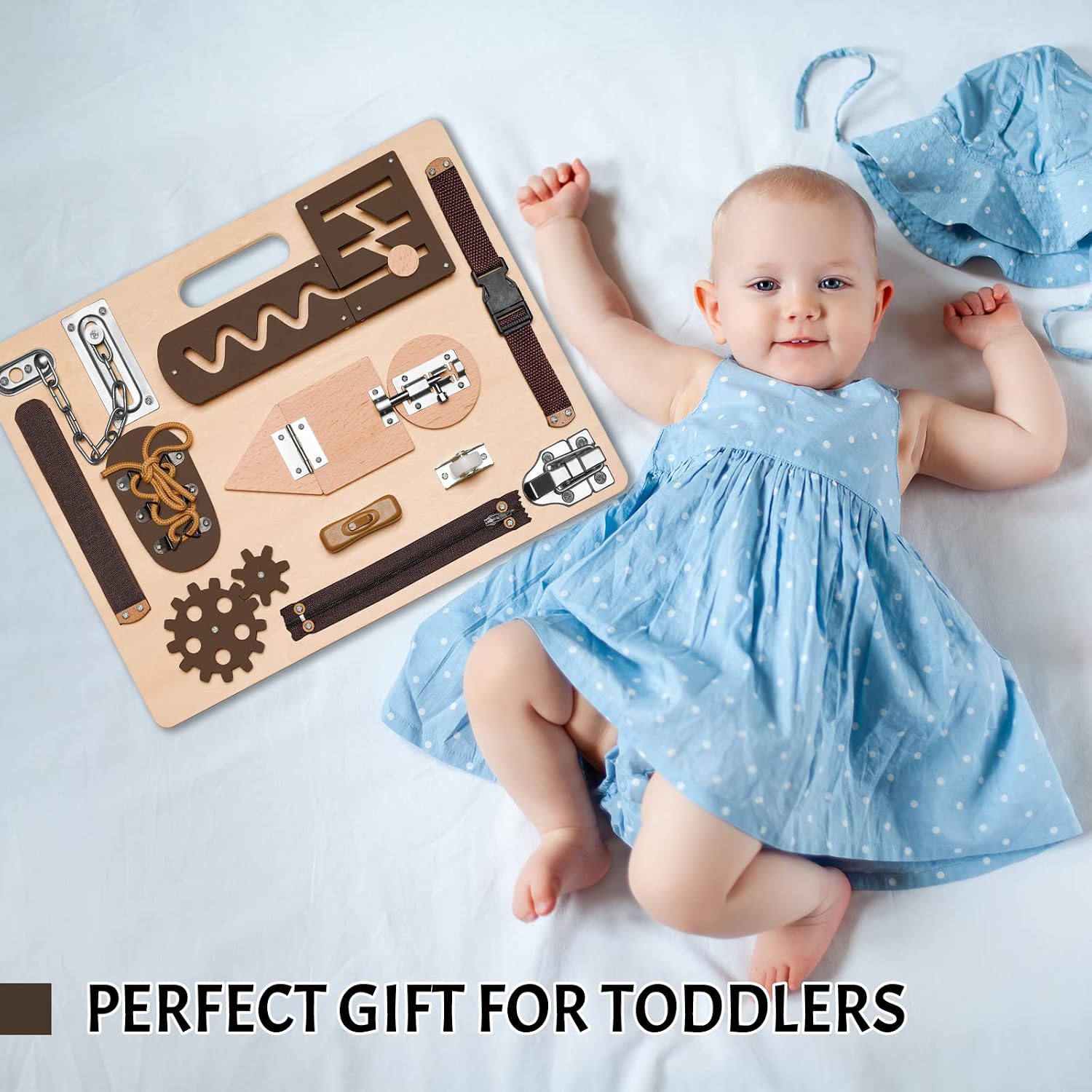 Montessori Busy Board for Toddlers, Wooden Sensory Toys, Preschool Learning Activities for Fine Motor Skills Travel