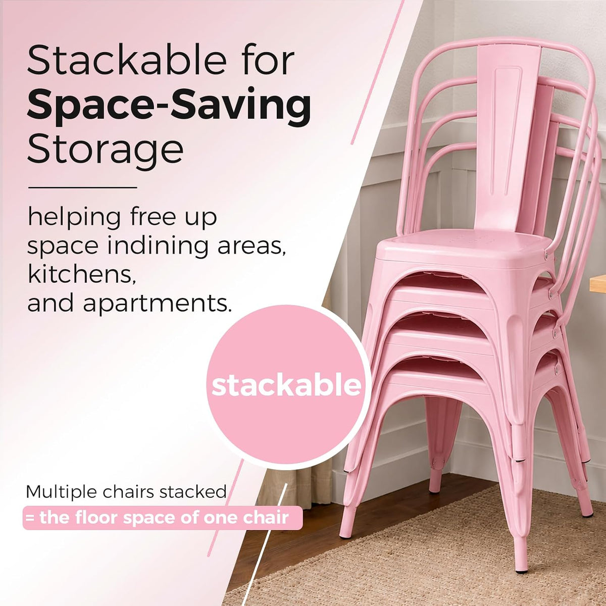 Metal Dining Chairs with Backrest, Stackable, Pink, 4 Pack