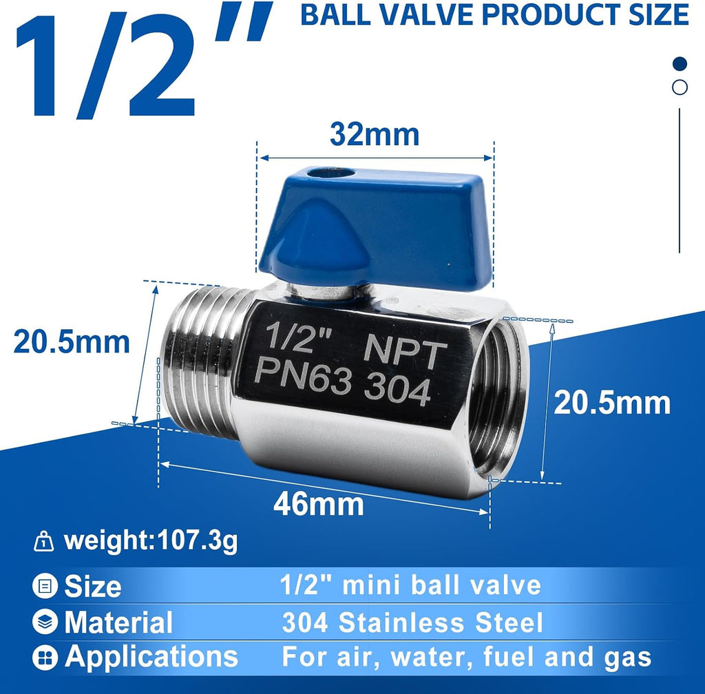 4Pack 1/2" Mini Ball Valve, 304 Stainless Steel Shut-Off Valve NPT Female x Male Thread Small Valves for Compact Space (4, 1/2 Inch)