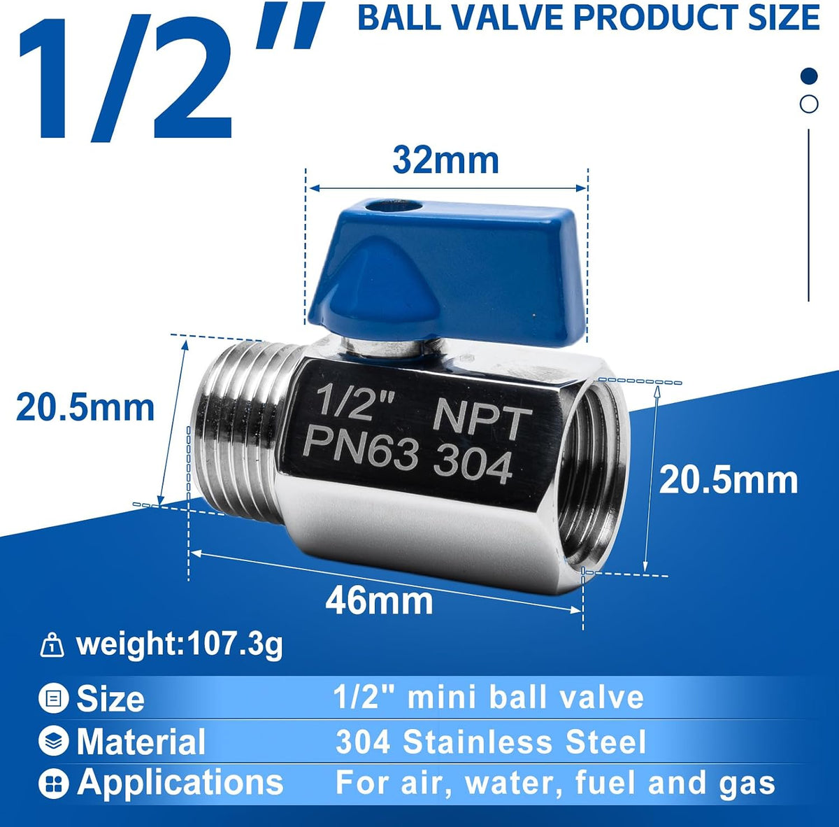 4Pack 1/2" Mini Ball Valve, 304 Stainless Steel Shut-Off Valve NPT Female x Male Thread Small Valves for Compact Space (4, 1/2 Inch)