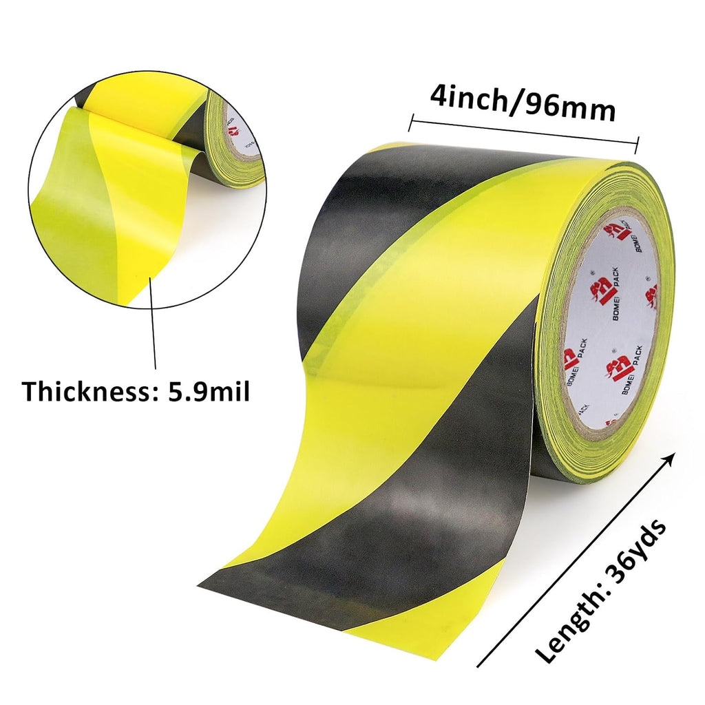 Floor Marking Tape 4 Inch x 108FT Black & Yellow Warning Safety Stripe Tape for Walls, Floors, Pipes, Warterproof