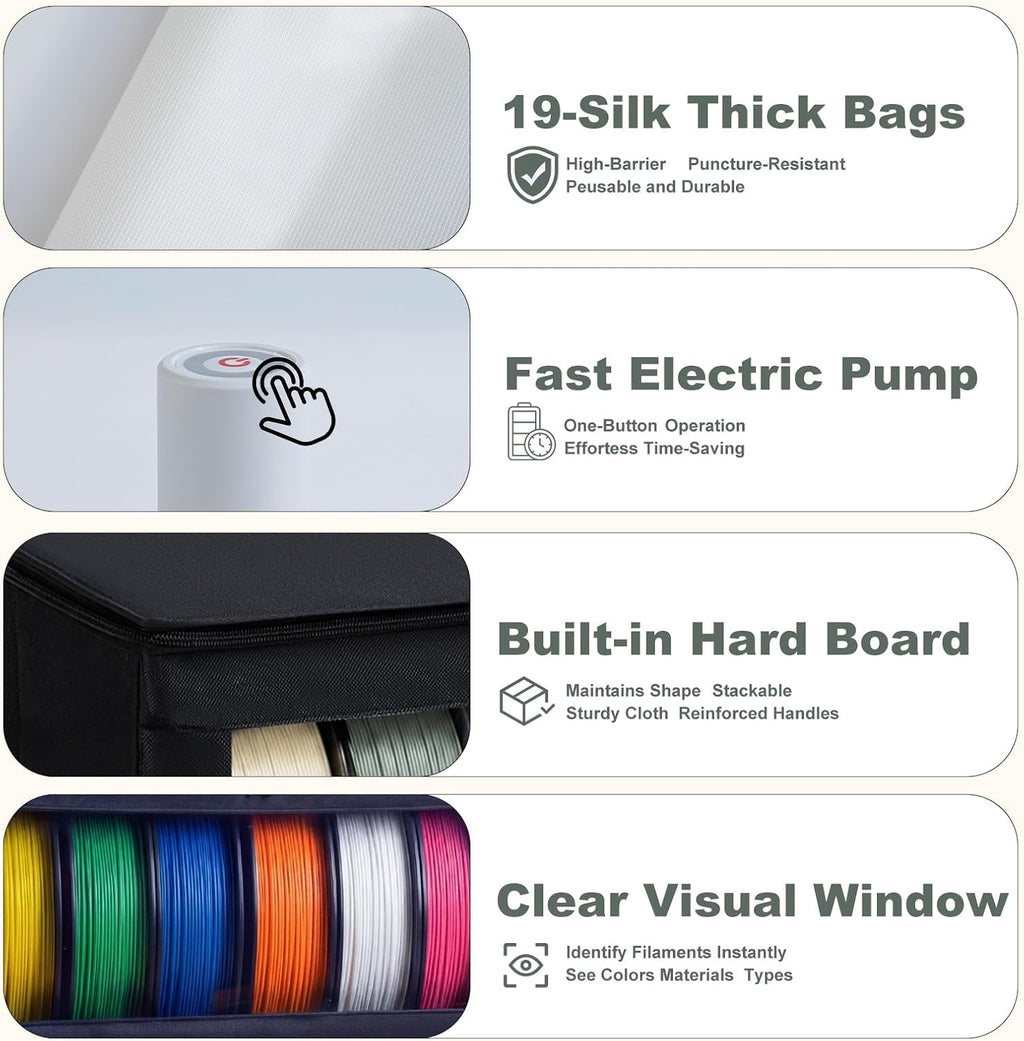 Filament Storage Box for 12 Spools with Vacuum Bags, Dry Storage Organizer | Electric Vacuum Pump, Thick PA+PE Vacuum