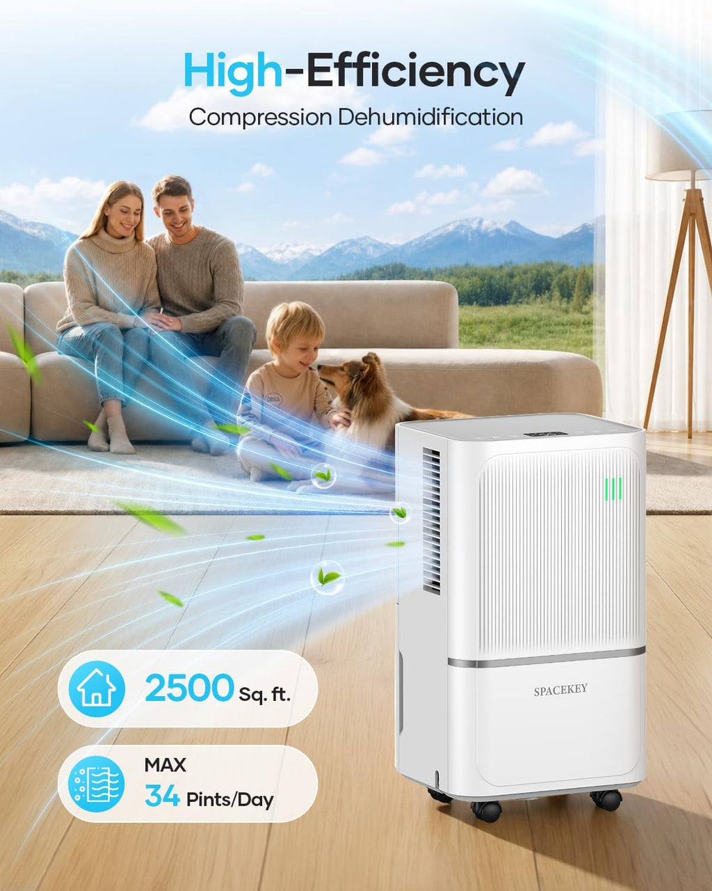 34 Pints Dehumidifier for Basement with Drain Hose Up to 2500 Sq.Ft, Compressor Dehumidifiers for Home, Bedroom