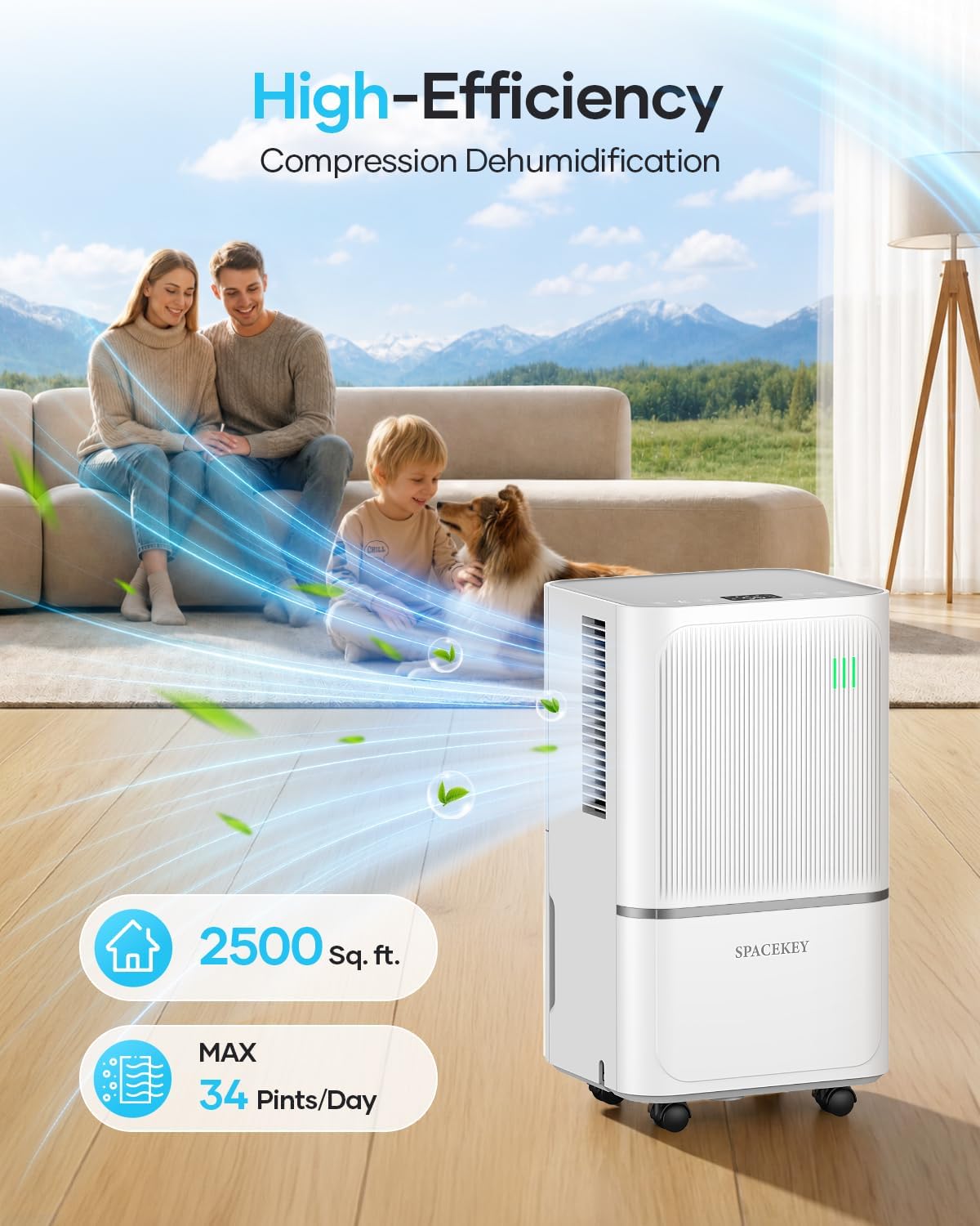 34 Pints Dehumidifier for Basement with Drain Hose Up to 2500 Sq.Ft, Compressor Dehumidifiers for Home, Bedroom