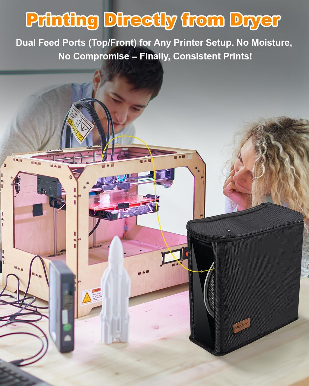 3D Printer Filament Dryer & Active Feeder | Print-While-Drying Spool Holder | 25W Continuous Silent Filament Warmer |