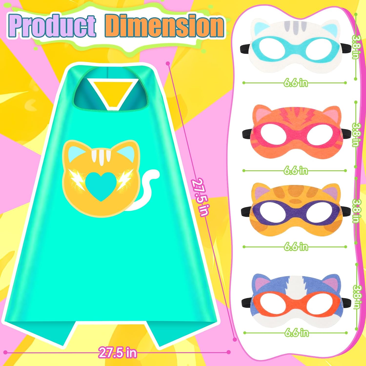 Kitties Capes with Finger Lights, Masks Dress Up for Kids 3-12 | 4 Kitties Capes, 4 Masks, 8 Lights, Superhero Capes