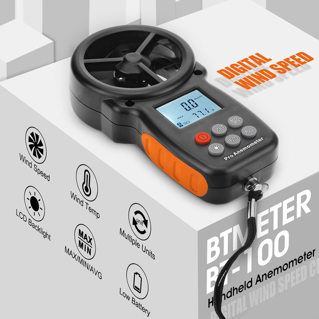 BT-100 Handheld Anemometer, Digital Wind Speed CFM Meter Gauge Air Flow Velocity Tester for HVAC Shooting Drone, Wind