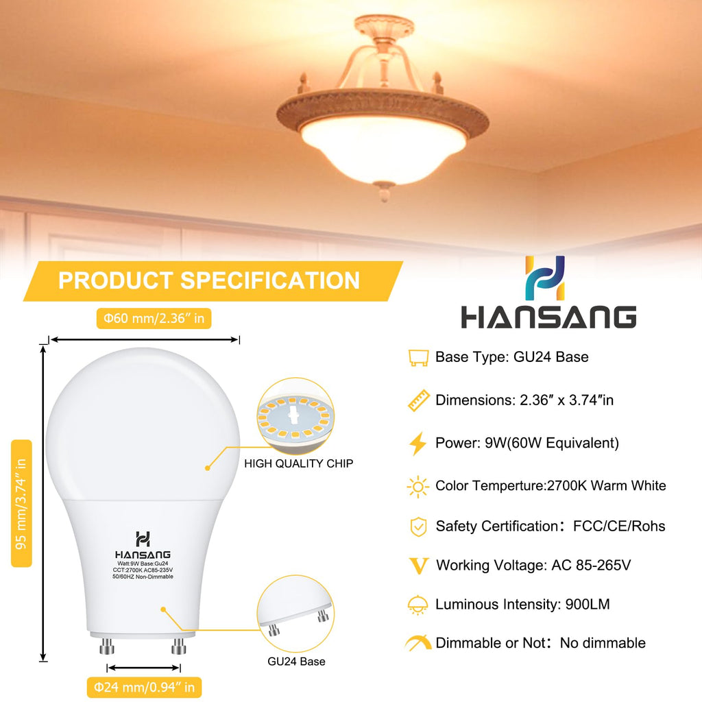 GU24 LED Light Bulbs 60W Equivalent 2700K Warm White CRI85+ 900LM