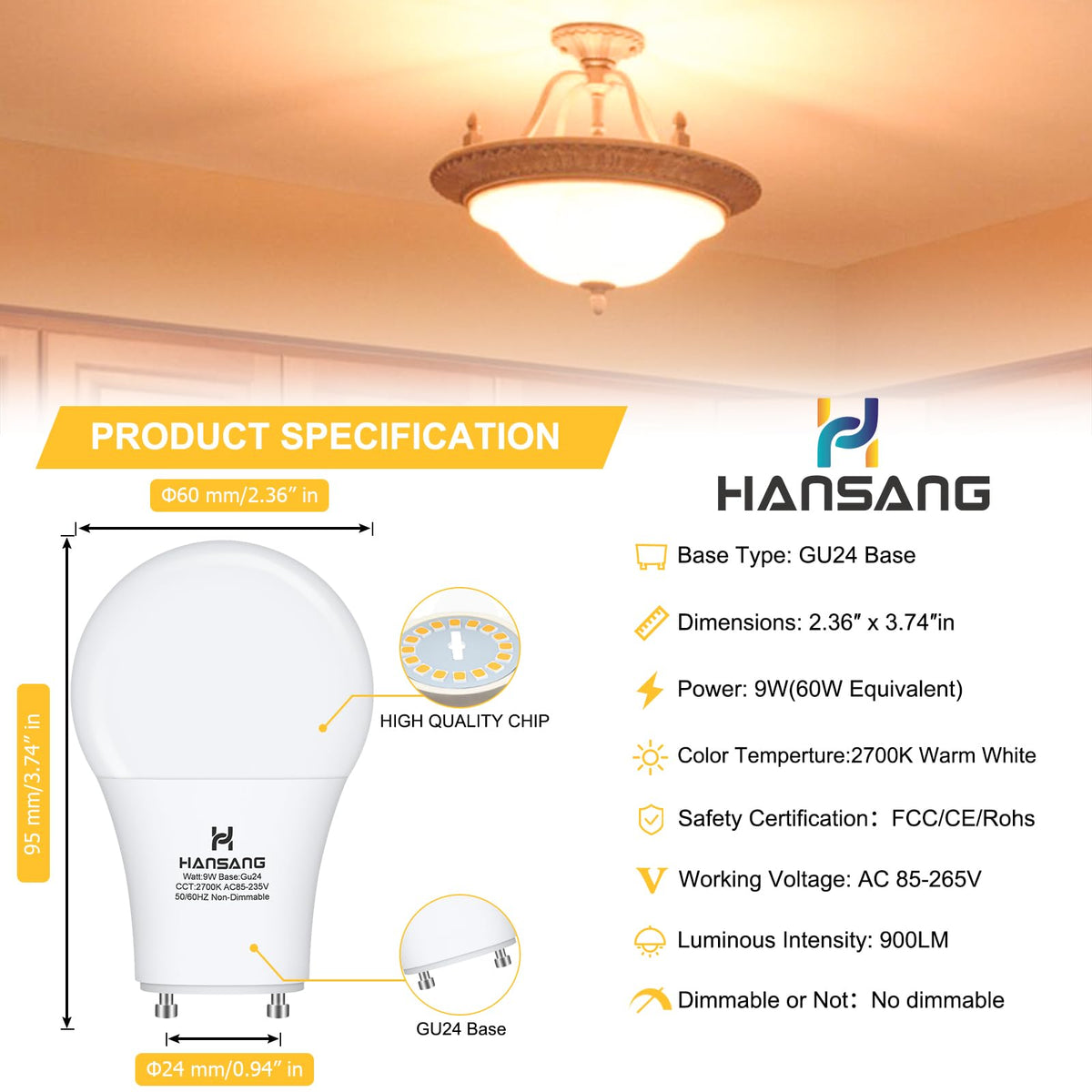 GU24 LED Light Bulbs 60W Equivalent 2700K Warm White CRI85+ 900LM