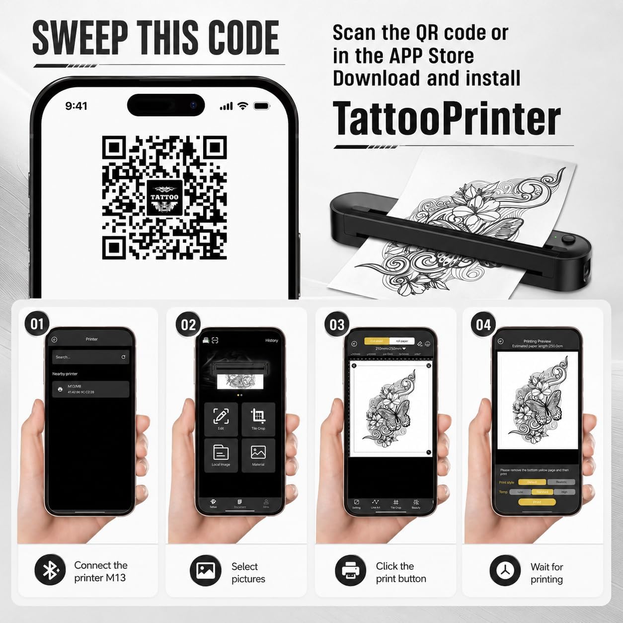 Tattoo Stencil Printer, Bluetooth Stencil Printer, Support Custom Print Sizes A4-A10, Wireless Tattoo Machine with 10