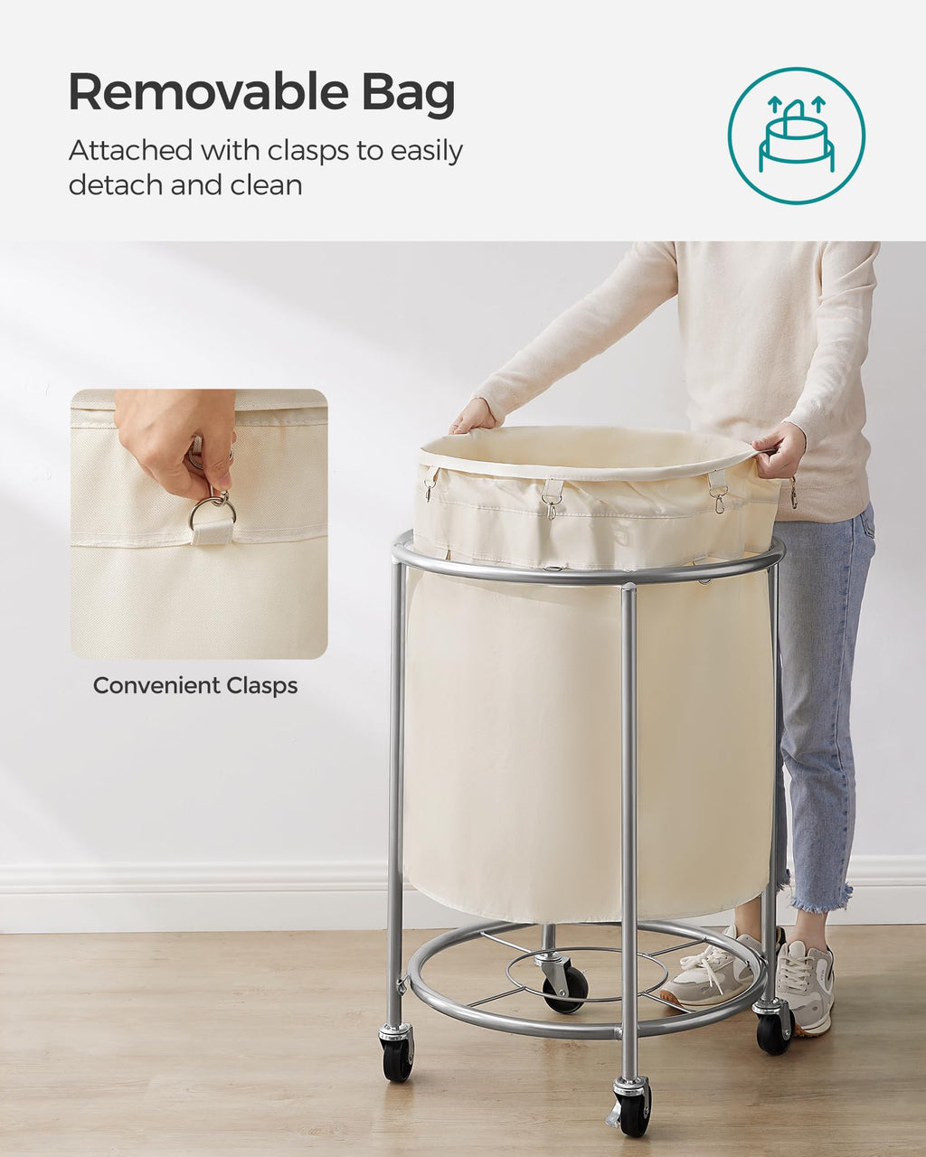 Laundry Basket with Wheels,190L, Steel Frame, Removable Bag