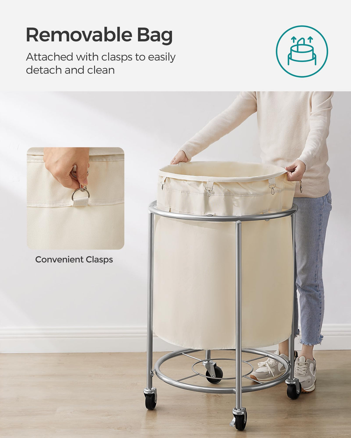 Laundry Basket with Wheels,190L, Steel Frame, Removable Bag